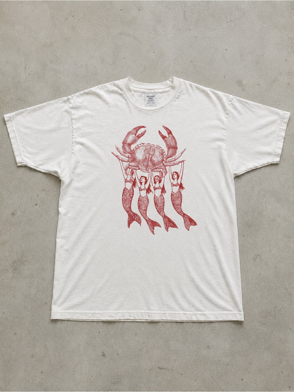 Cream Short-Sleeve Tee with Red Crab & Mermaid Trio Graphic T-shirt